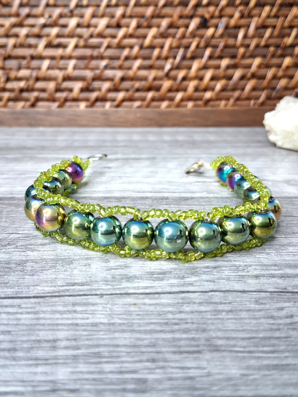 Handmade Green Seed Bead and Plated Hematite Bracelet